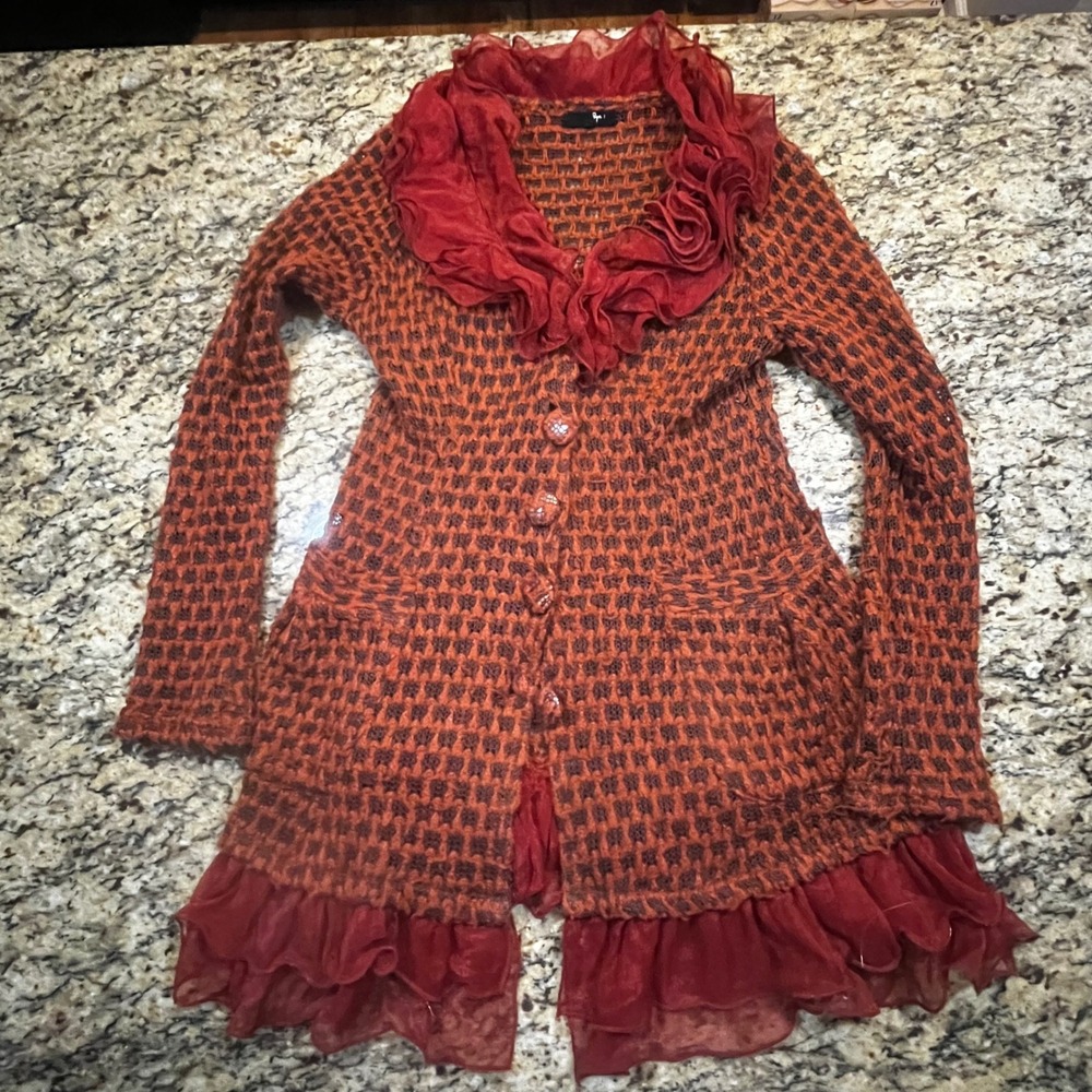 Ryu Womens Orange Brown Textured Knit Ruffle Longline Cardigan Large Y2K